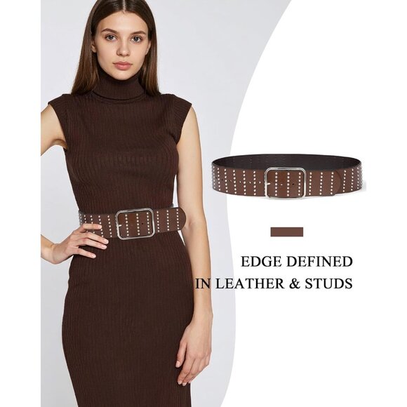 Women's Chunky Dress Thick Wide Studded Belts Brown Silver Buckle PU Leather - Picture 2 of 5